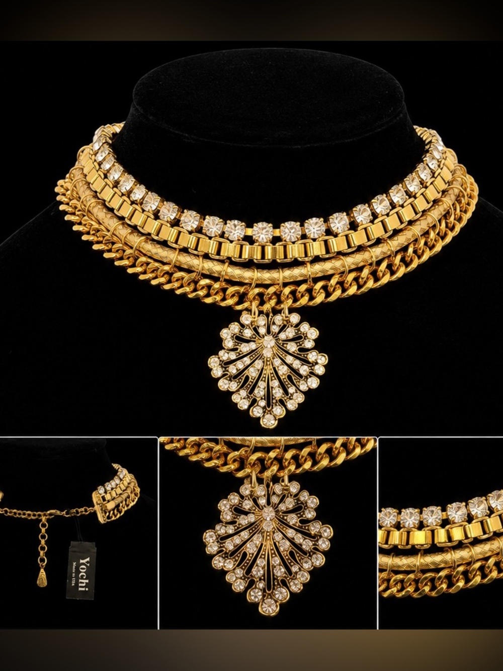 Yochi NYC Vintage Gold Rhinestone Layered Choker Necklace, NWT